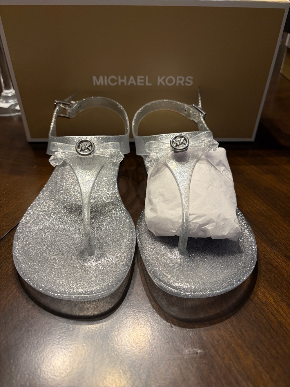 Michael Kors Silver Glitter Jelly Thong Sandals with MK Medallion